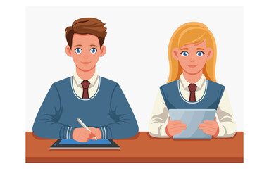 Students guy and girl with graphic and computer tablet at practical class. Characters in business suits work on touch tablets. The concept of learning, working, mastering a profession.  Vector