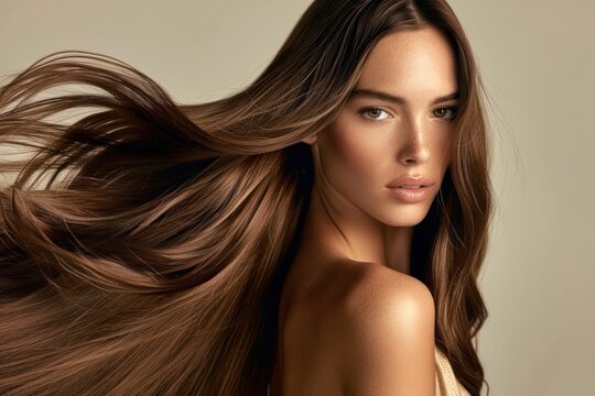 A stunning model flaunts her long, luscious, and glossy hair, perfectly embodying hair health and beauty