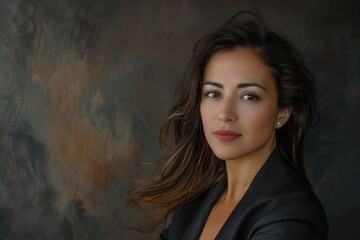 Fototapeta premium Portrait of hispanic woman entrepreneur wearing business suit against dark background. Confident businesswoman. AI Generated 
