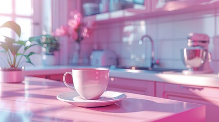 Coffee break in a minimalist startup kitchen, soft focus, pastel colors
