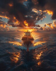Container ship in open sea, sunset backlighting, wideangle