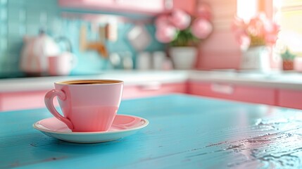 Coffee break in a minimalist startup kitchen, soft focus, pastel colors