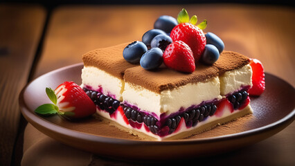 Dessert with white filling and chocolate layer, with red berries, strawberries and raspberries,...