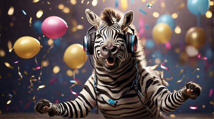 Portrait of a zebra in headphones dancing against the background of balloons and confetti, a zebra in headphones listens to music and dances, holiday, birthday concept