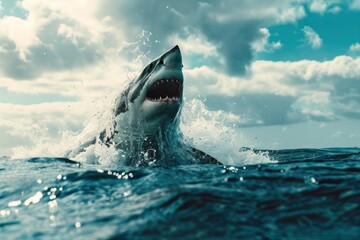 great white shark jumping out of ocean
