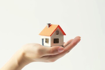 Fototapeta na wymiar Human hand holds a miniature house or home model, new house, property insurance.