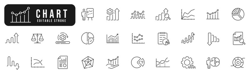 Set of chart line icons. Graph, diagram, bar, pie, report etc. Editable stroke