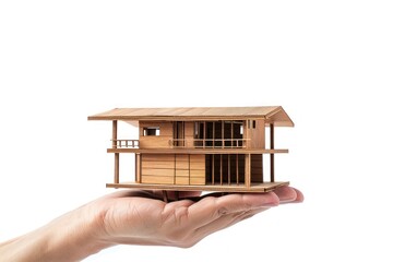 Human hand holds a miniature house or home model, new house, property insurance.