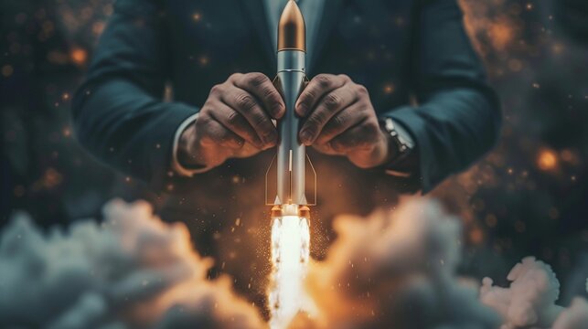 Man in suit pressing launch button for rocket, high contrast, topdown view, sharp focus