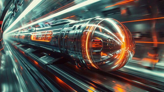 A hyperloop train speeds through a tunnel with dynamic lighting, capturing the essence of cutting-edge transportation technology in motion.