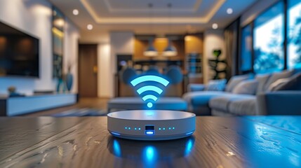 Close-up of a wireless router on a wooden table emitting a strong Wi-Fi signal in a contemporary living room setting. - obrazy, fototapety, plakaty