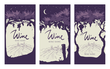 Collection backgrounds for wine labels. Vector illustration, set of wallpapers with grapes, landscape and starlight night.