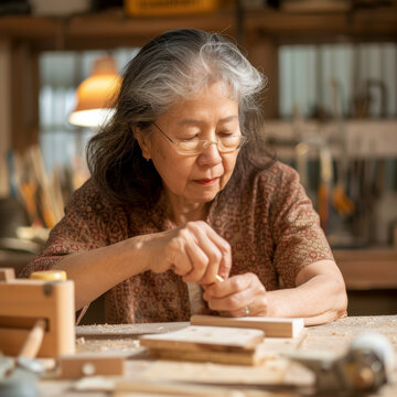 Mature woman gluing wood in adult woodwork class Asian American.