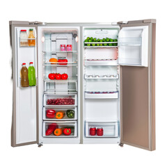 Open refrigerator stocked with food and beverages, cut out transparent