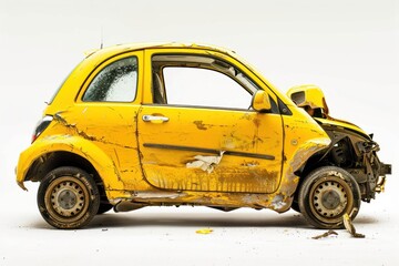 A crushed yellow city car on a white background