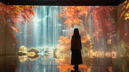An individual stands transfixed by a stunning digital projection of an autumnal forest and waterfall, creating an immersive visual art experience. - obrazy, fototapety, plakaty