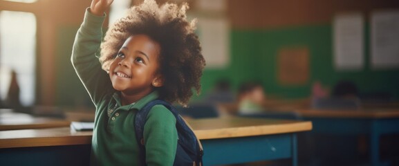 Little Black Boy Raising Hand in Classroom Generative AI - obrazy, fototapety, plakaty