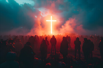 A crowd of people gathered in front of a glowing cross at a religious event.