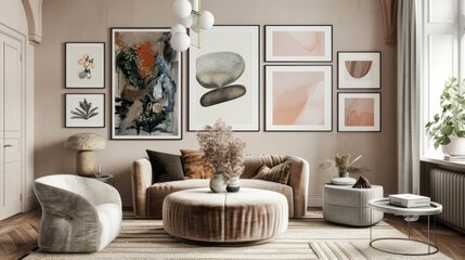 Sleek Monochromatic Living Room Setup with Velvet Ottoman, Gallery Wall, Top Angle - obrazy, fototapety, plakaty