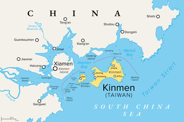 Kinmen, also known as Quemoy, political map. Group of islands governed as county by Taiwan, Republic of China, only 10 km east from the city of Xiamen, located at the southeastern coast of China, PRC. - obrazy, fototapety, plakaty