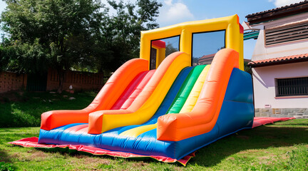 Fototapeta na wymiar Inflatable bounce house water slide in the backyard, Colorful bouncy castle slide for children playground