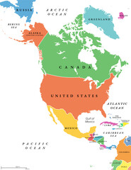 North America countries, political map. Continent bordered by South America, Caribbean Sea, and by Arctic, Atlantic and Pacific Ocean. Canada, United States, Mexico, etc. Multi colored illustration.