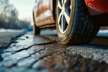 a car punctured wheel rattling on the road - obrazy, fototapety, plakaty
