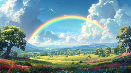 fabulous green valley with mountains and beautiful sky and puffy white clouds and beautiful rainbow after rain