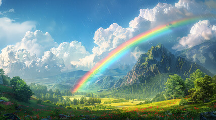 fabulous green valley with mountains and beautiful sky and puffy white clouds and beautiful rainbow after rain