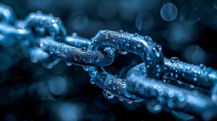 An extreme close-up of a metallic chain covered in water droplets, with the droplets glistening against a bokeh blue background, capturing the delicate balance between strength and fragility.