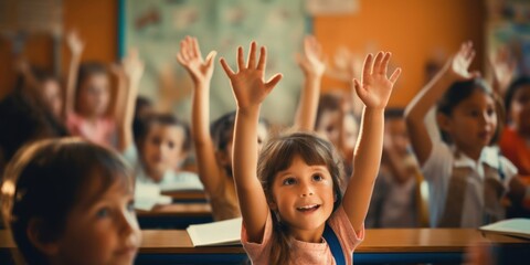 Caucasian Children Raising Hands in Classroom Generative AI - obrazy, fototapety, plakaty