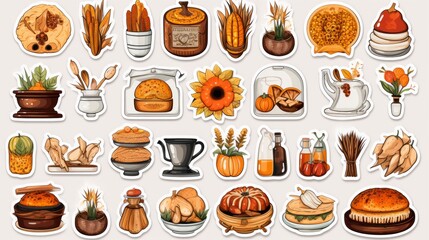 Generative AI Feminine sticker art collection showcasing Thanksgiving dinner essentials like cornbread, gravy, and roasted vegetables in a grocery art style with white and bronze accents - obrazy, fototapety, plakaty
