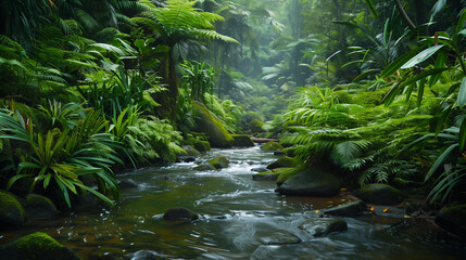 a clear river flowing through a green forest, an association with the sound of the forest and water flowing calmly and soothingly - Powered by Adobe