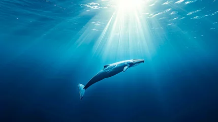 Foto op Plexiglas A whale swimming from the deep sea to the surface, under the underwater light rays of the sun © Eva Corbella