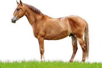 Farm animal Horse stands on green grass on a white background