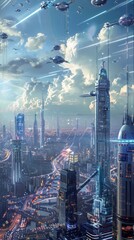 The image features a bustling futuristic cityscape filled with numerous flying saucers hovering in the sky. The city is adorned with sleek metallic skyscrapers and neon lights, portraying a technologi