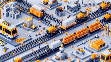 Freight railway transportation, isometric illustration of cargo train and logistics - obrazy, fototapety, plakaty