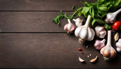 Fresh garlic, herbs, spices and salad leaves on wooden table toned image