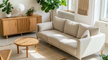 Minimalist Living Room with Beige Sectional Sofa AI Generated.