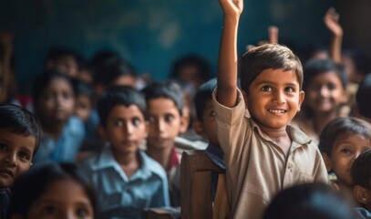 Young East Indian Boy Raising Hand in Classroom Generative AI - obrazy, fototapety, plakaty