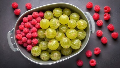 Fresh gooseberries and raspberries in colanders, summer berries