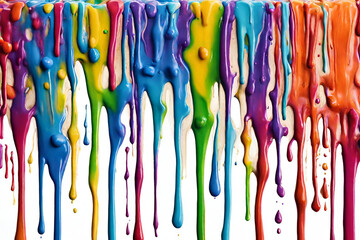 Colorful acrylic paint line wise dripping with liquid drops on White Background.