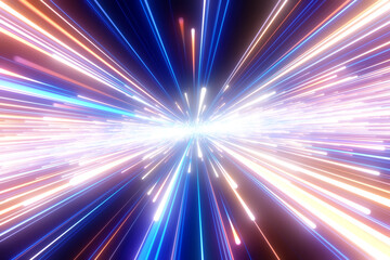 Bright radial light beams. Abstract background in blue and orange neon glow color. Explosion in universe. Space background for event, party, carnival, celebration, anniversary or other. 3D rendering.