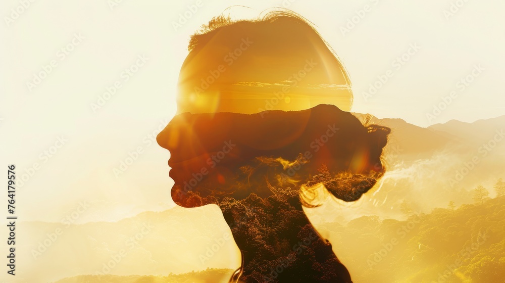 Poster a silhouette of a woman standing with the sun positioned directly behind her, creating a striking co