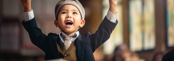 Young Arabic Boy in Turban Raising Hands in Classroom Generative AI