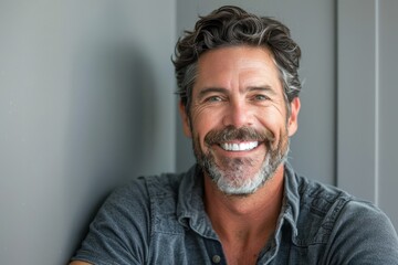Middle age man smiling with clean teeth, taking care of teeth