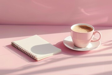 Obraz na płótnie Canvas notebook and cup of coffee mockup pastel pink background