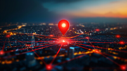 A red location pin on top of an urban cityscape, surrounded by glowing lines representing network connections and digital networks - obrazy, fototapety, plakaty