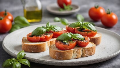 Fototapeta na wymiar Grilled brucchetta with basil, tomatoes and olive oil