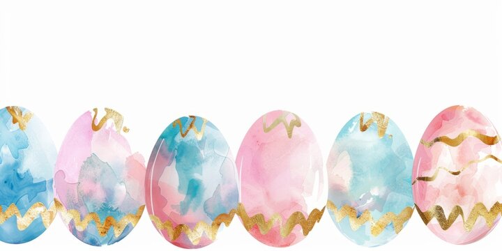 watercolor easter eggs in pastel colors with gold details, border design, on white background, easter theme Generative AI